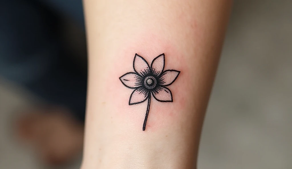 A close-up of a woman’s wrist with a tiny black-ink anemone tattoo, symbolizing protection and readiness for new beginnings.