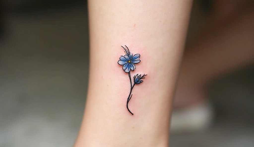 A close-up of a woman’s wrist with a tiny black-ink bluebell tattoo, symbolizing humility and gratitude.