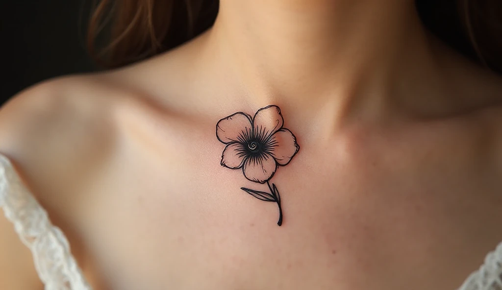 A close-up of a woman’s collarbone with a minimalist black-ink gardenia tattoo, symbolizing purity and secret love.