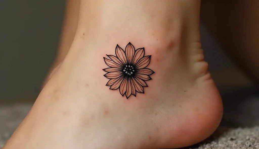 A close-up of a woman’s ankle with a fine-line black-ink marigold tattoo, symbolizing creativity, celebration, and passion.