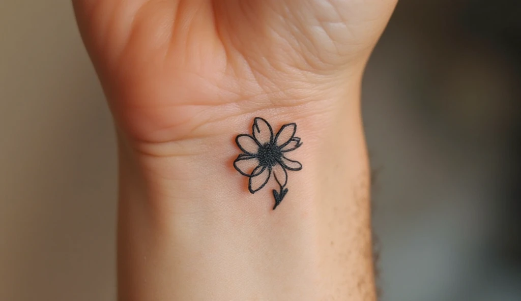 A close-up of a woman’s wrist  with a tiny black-ink buttercup tattoo, symbolizing innocence and cheerful simplicity.