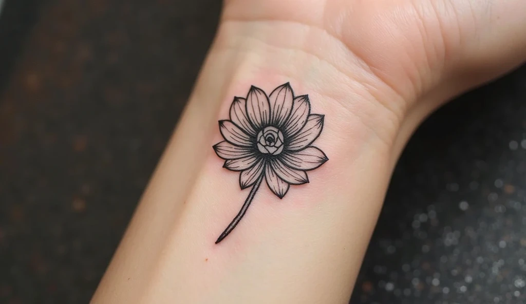 A close-up of a woman’s wrist with a minimalist black-ink chrysanthemum tattoo, symbolizing longevity, resilience, and joy.