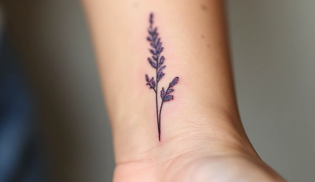 A close-up of a woman’s wrist with a fine-line black-ink lavender stem tattoo, symbolizing calmness and serenity.