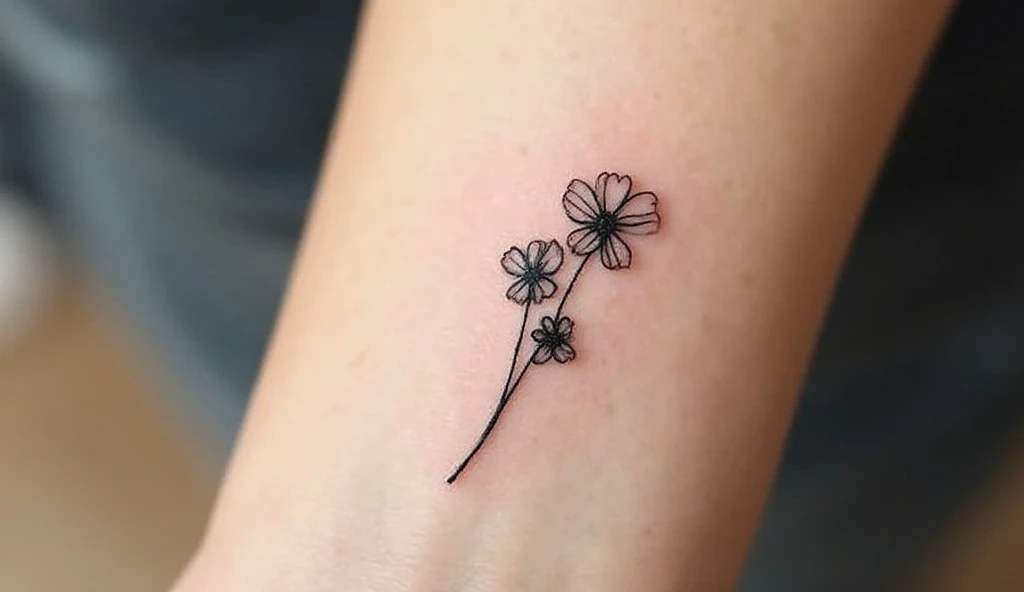 Close-up of a woman’s wrist with a small fine-line forget-me-not tattoo, three blossoms on a stem in black ink.