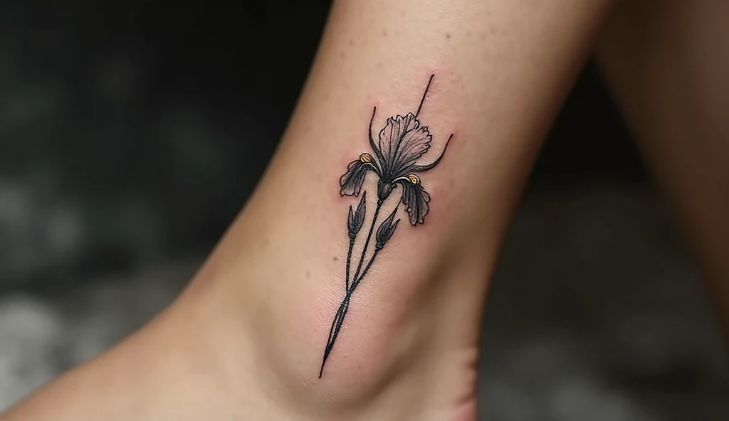Close-up of a woman’s ankle with a minimalist iris flower tattoo in fine black lines.