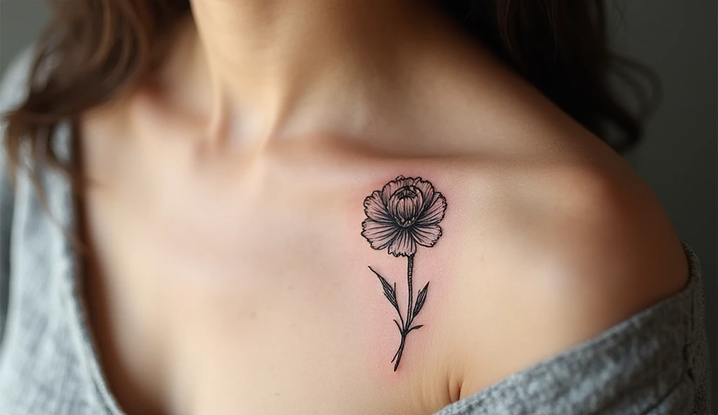 Close-up of a woman’s collarbone with a minimalist carnation tattoo in fine black ink.
