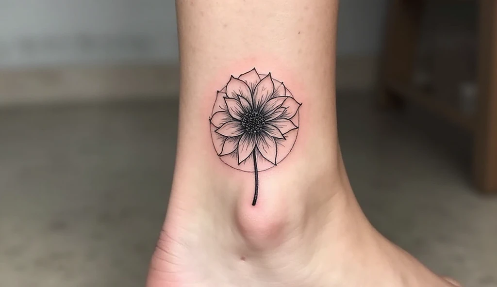 Close-up of a woman’s ankle with a fine-line dahlia tattoo in black ink.