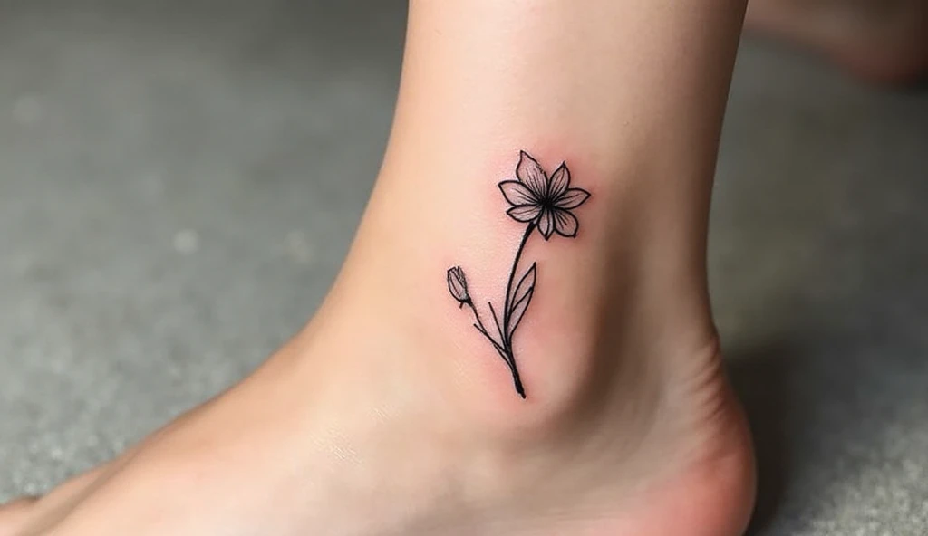 Close-up of a woman’s ankle with a small minimalist sweet pea tattoo in black ink, showing two blossoms and a curling leaf.