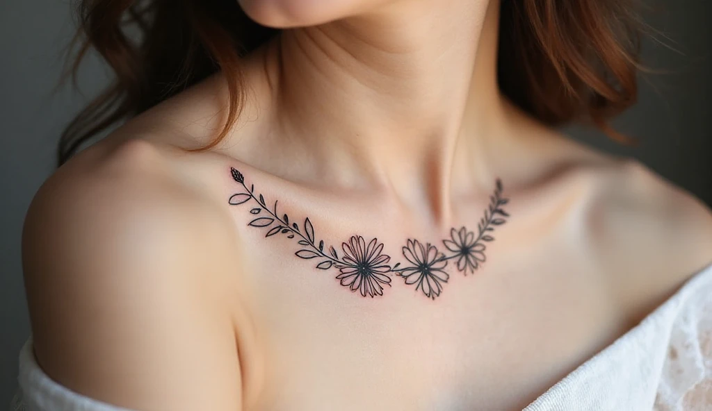 Close-up of a woman’s collarbone with a minimalist floral wreath tattoo in black ink.