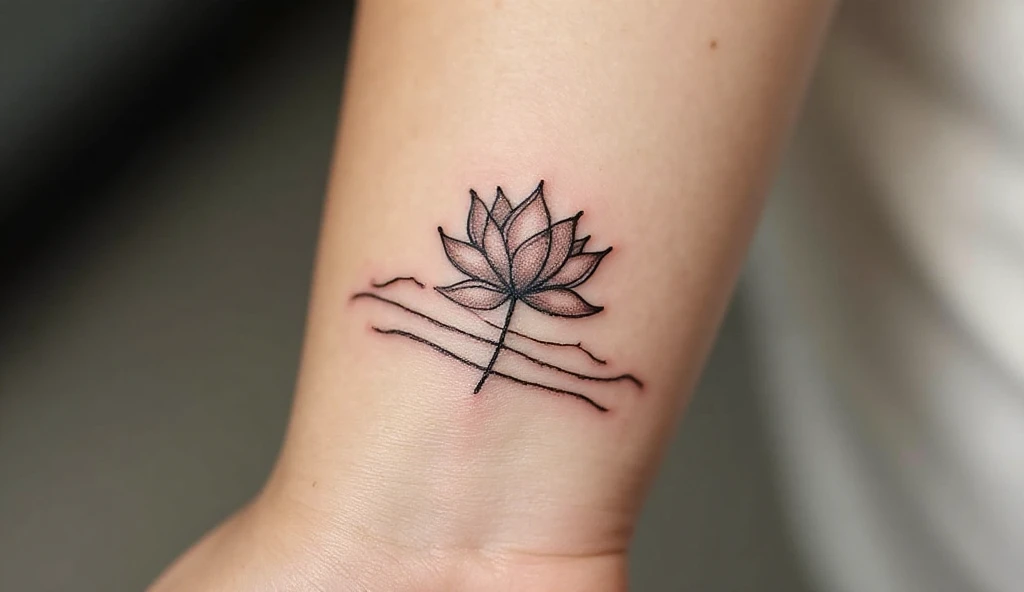 Close-up of a woman’s wrist with a tiny lotus and water ripple tattoo in minimalist black ink.