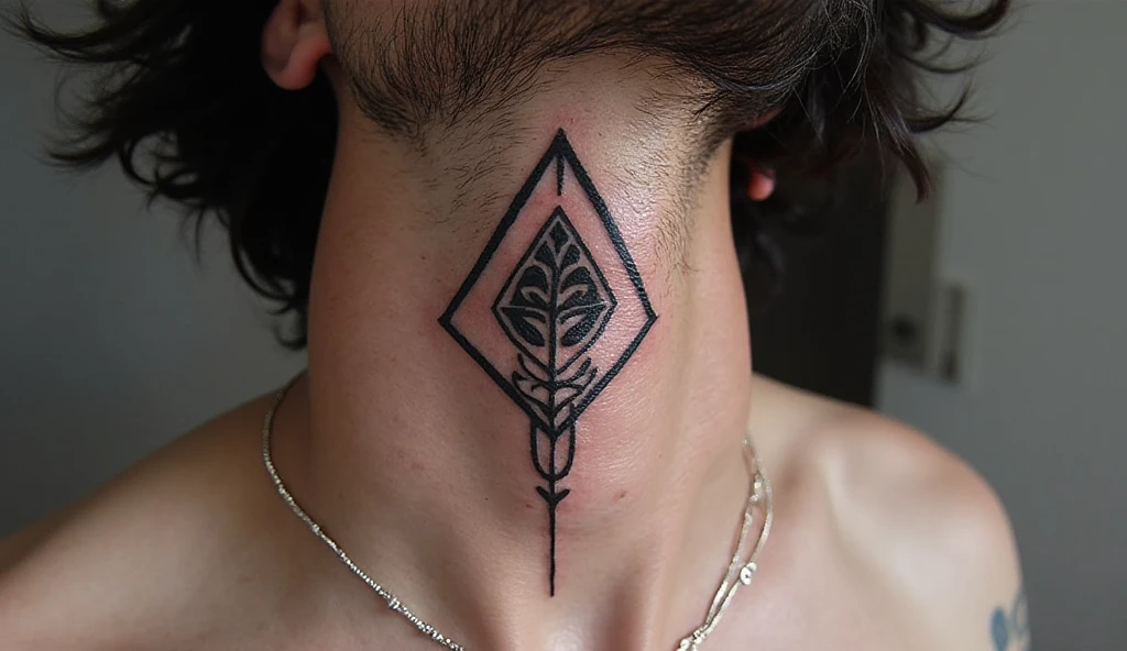 "Small Masculine Tattoos – bold black ink neck tattoo with minimalist geometric design symbolizing confidence and strength"