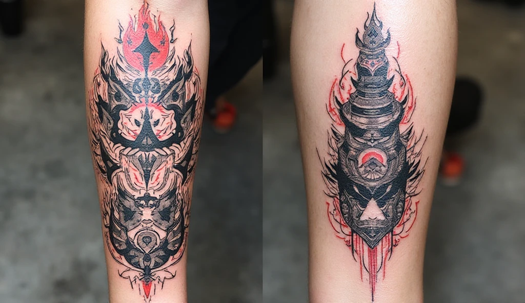 "Small Masculine Tattoos – elements tattoo with fire, water, air, and earth in bold black and grey shading with subtle red accents symbolizing balance and strength"