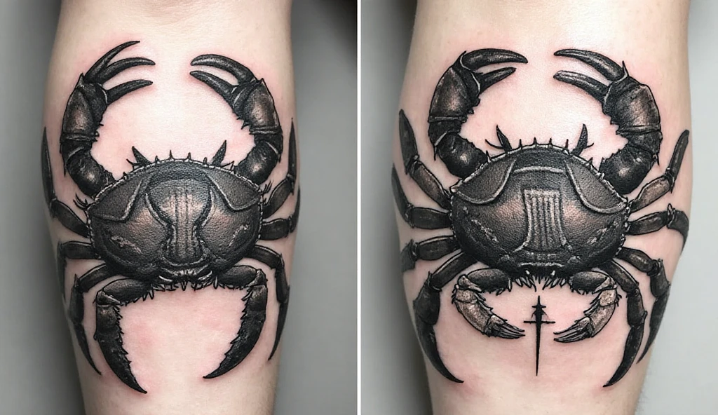 "Small Masculine Tattoos – realistic blackwork horseshoe crab tattoo symbolizing survival, endurance, and ancient strength"