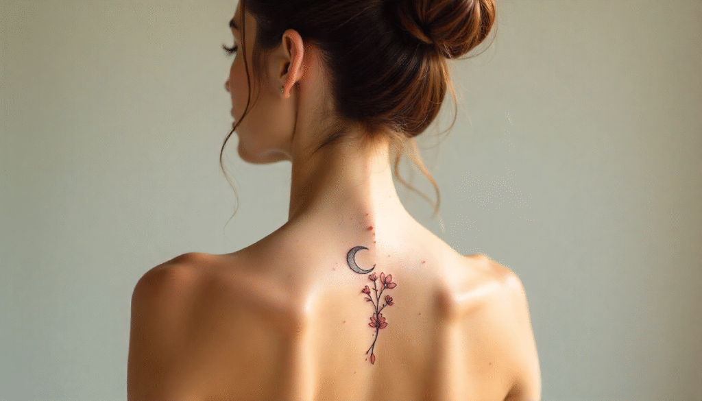 “Moon and flower spine tattoo on woman — minimalist fine-line design symbolizing femininity, transformation, and new beginnings — trending elegant spine tattoo 2025.”