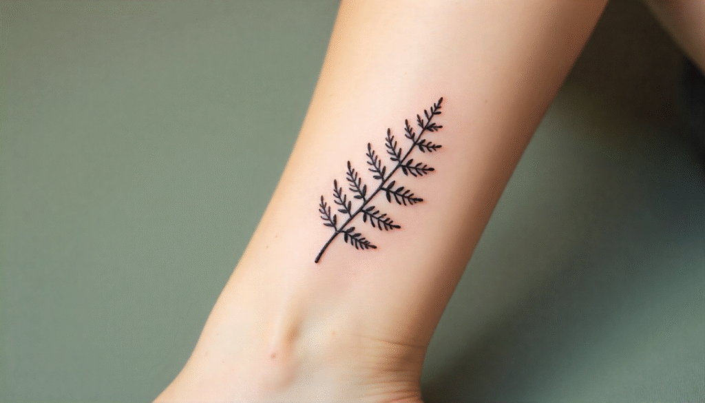 A close-up of a woman’s wrist with a minimalist black-ink fern leaf tattoo, symbolizing growth and new beginnings.
