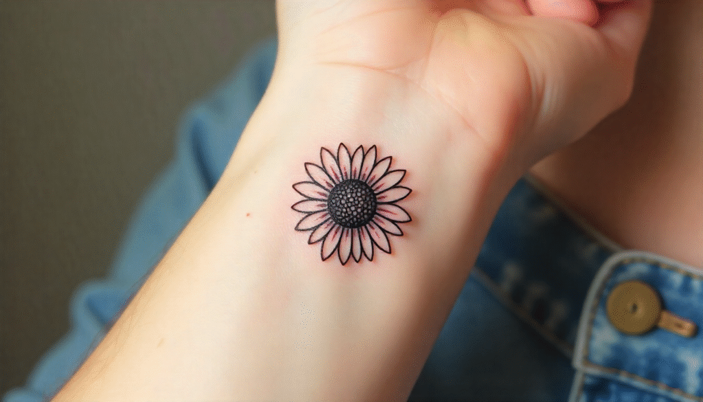 A close-up of a woman’s wrist with a tiny black-ink sunflower outline tattoo, symbolizing positivity and happiness.