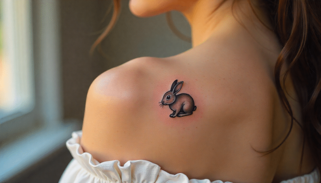 Micro-realism rabbit tattoo on shoulder featuring a small feminine tattoo with realistic fine-line details symbolizing innocence, softness, and gentle strength.
