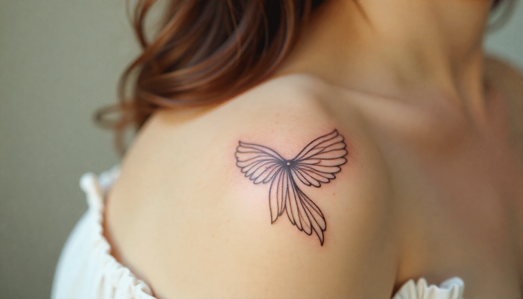 Angel tattoo on shoulder featuring a small feminine tattoo with delicate wings symbolizing purity, guidance, faith, and protection.