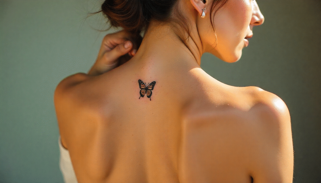 “Small butterfly spine tattoo on woman — minimalist fine-line design symbolizing freedom, transformation, and personal growth — trending feminine spine tattoo 2025.”