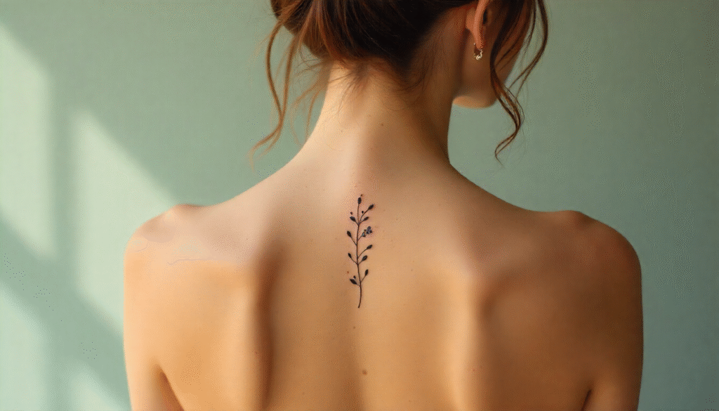 “Simple flower and leaves spine tattoo on woman — minimalist fine-line design symbolizing growth, beauty, and renewal — trending feminine spine tattoos 2025.”