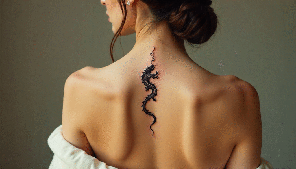 “Mini dragon spine tattoo on woman — fine-line minimalist design symbolizing strength, transformation, and protection — trending feminine spine tattoos 2025.”