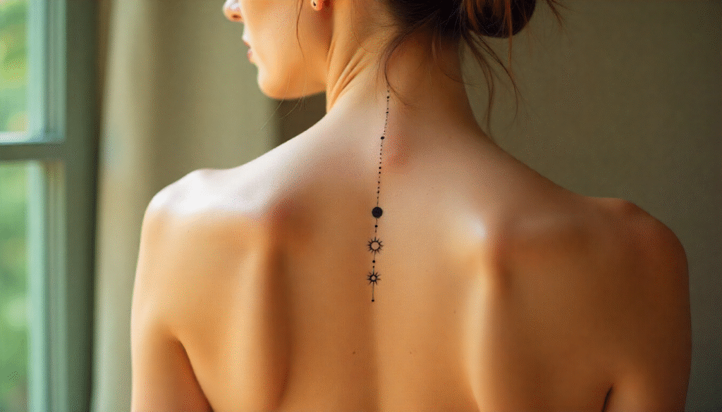 “Sun and moon spine tattoo on woman — minimalist fine-line celestial design symbolizing harmony, duality, and balance — trending feminine spine tattoos 2025.”