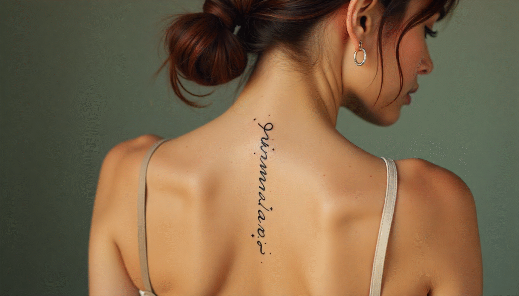 “One-word spine tattoo ‘Survivor’ on woman — minimalist fine-line vertical design symbolizing resilience, faith, and personal truth — feminine spine tattoos 2025.”