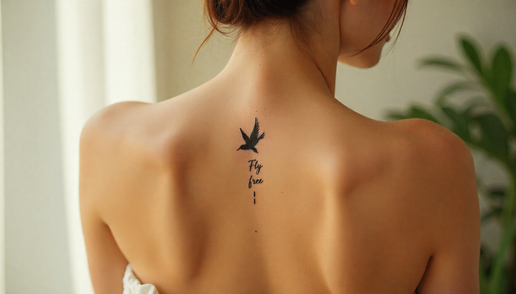 “Bird and quote spine tattoo on woman — minimalist fine-line design with small script symbolizing freedom, hope, and spiritual elevation — feminine spine tattoos 2025.”
