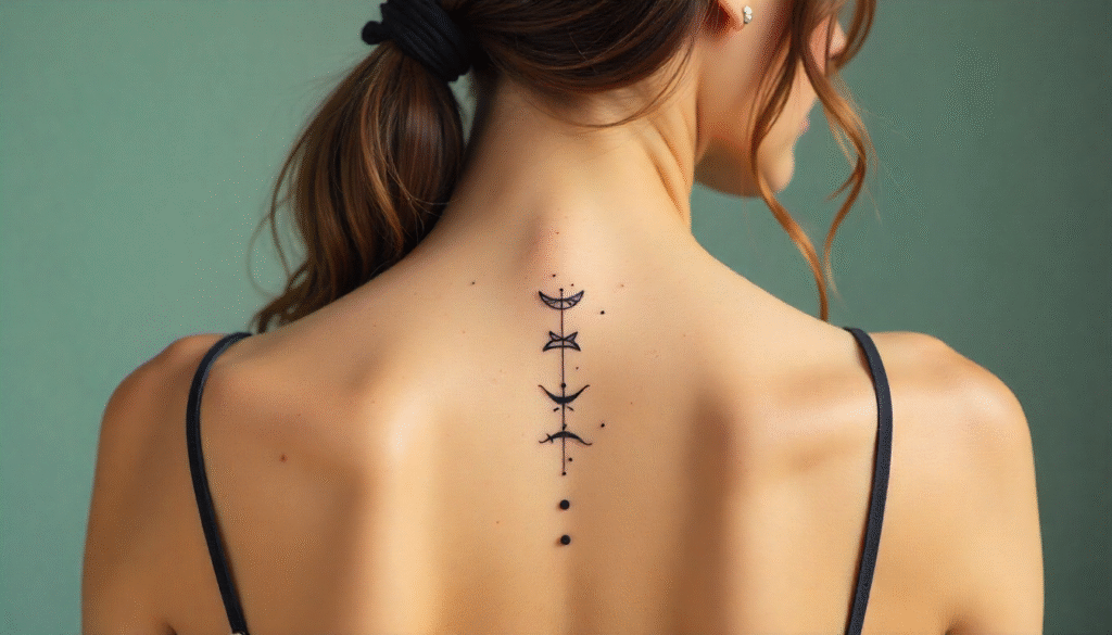 “Pisces zodiac spine tattoo on woman — minimalist fine-line design with twin fish symbolizing intuition, identity, and balance — trending feminine spine tattoos 2025.”