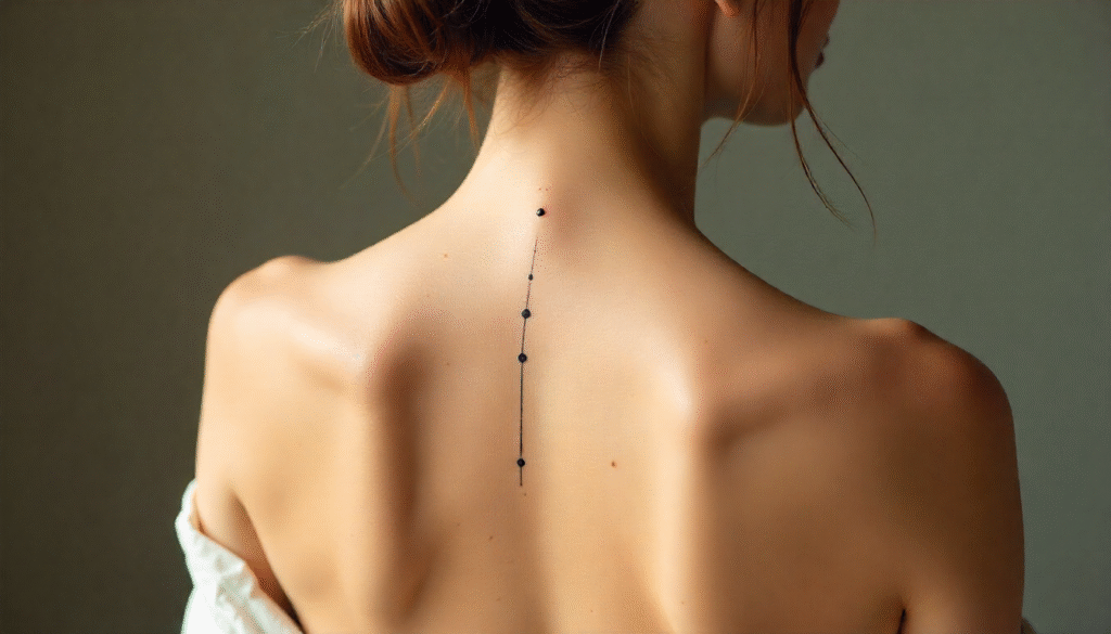 “Single line spine tattoo on woman — minimalist abstract fine-line design symbolizing flow, simplicity, and resilience — trending feminine spine tattoos 2025.”