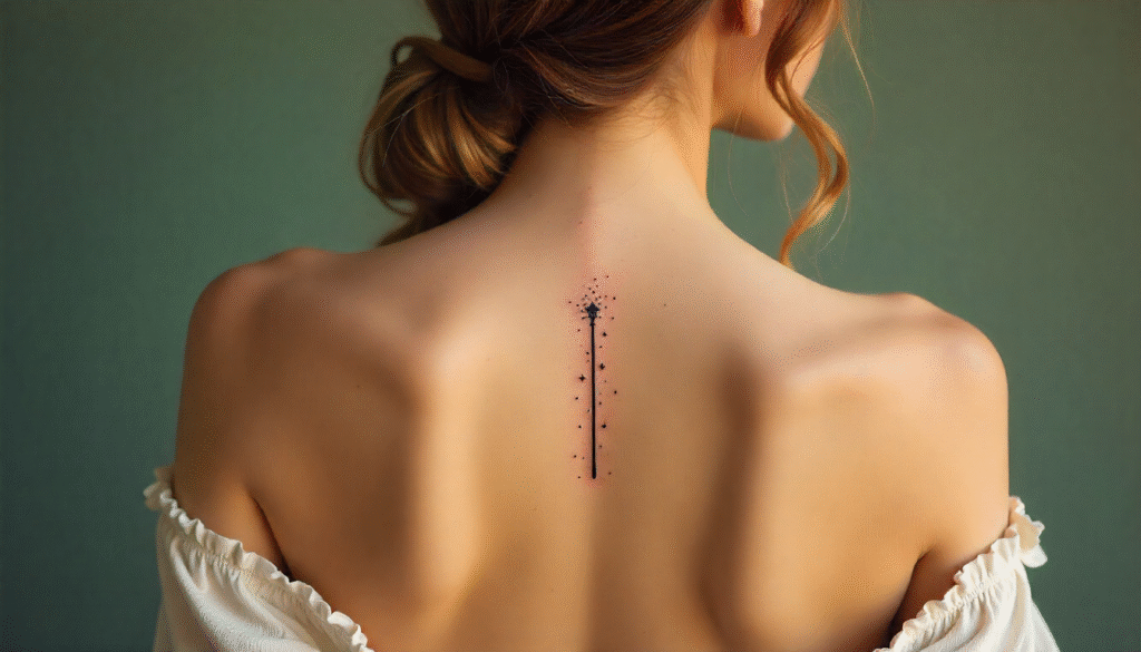 “Single line spine tattoo on woman — minimalist abstract fine-line design symbolizing flow, simplicity, and resilience — trending feminine spine tattoos 2025.”