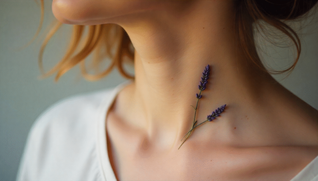 A close-up of a woman’s skin with a small, minimal black-ink lavender sprig tattoo on the neck, symbolizing calmness, balance, and healing.