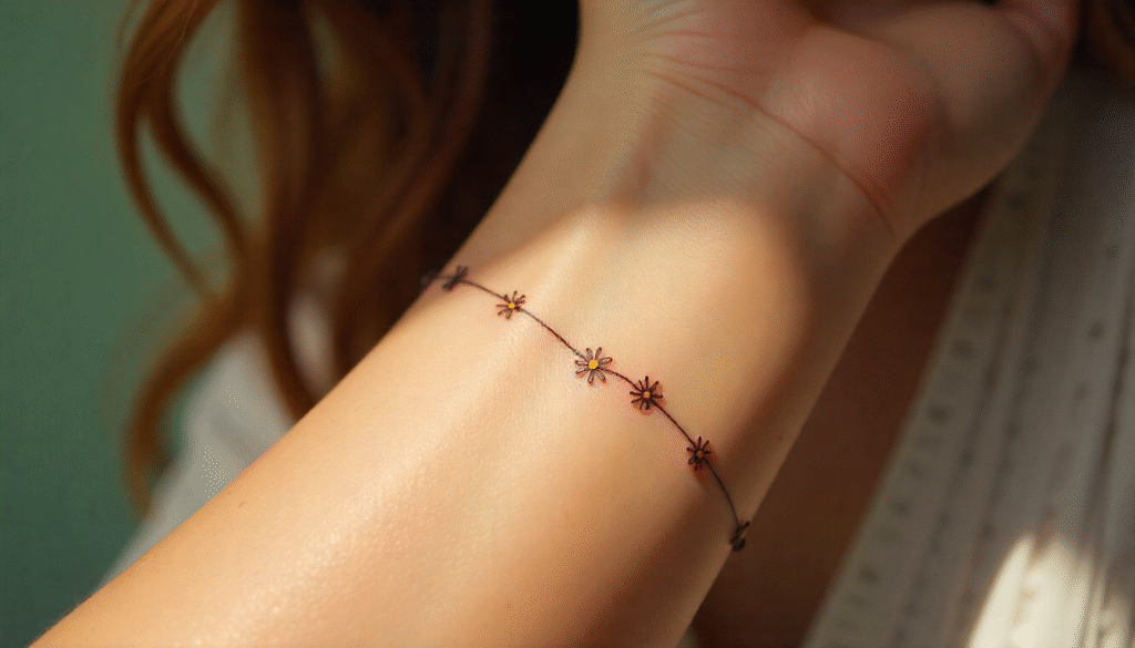 A close-up of a woman’s wrist with a minimal black-ink daisy chain tattoo, tiny flowers linked together in a light and playful design symbolizing joy and innocence.