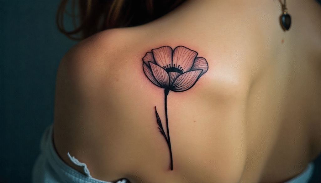 A close-up of a woman’s upper arm with a minimal black-ink abstract poppy flower tattoo, symbolizing remembrance and peace.