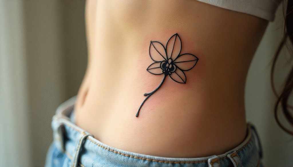 A close-up of a woman’s rib with a minimal black-ink orchid outline tattoo, symbolizing resilience and quiet elegance.