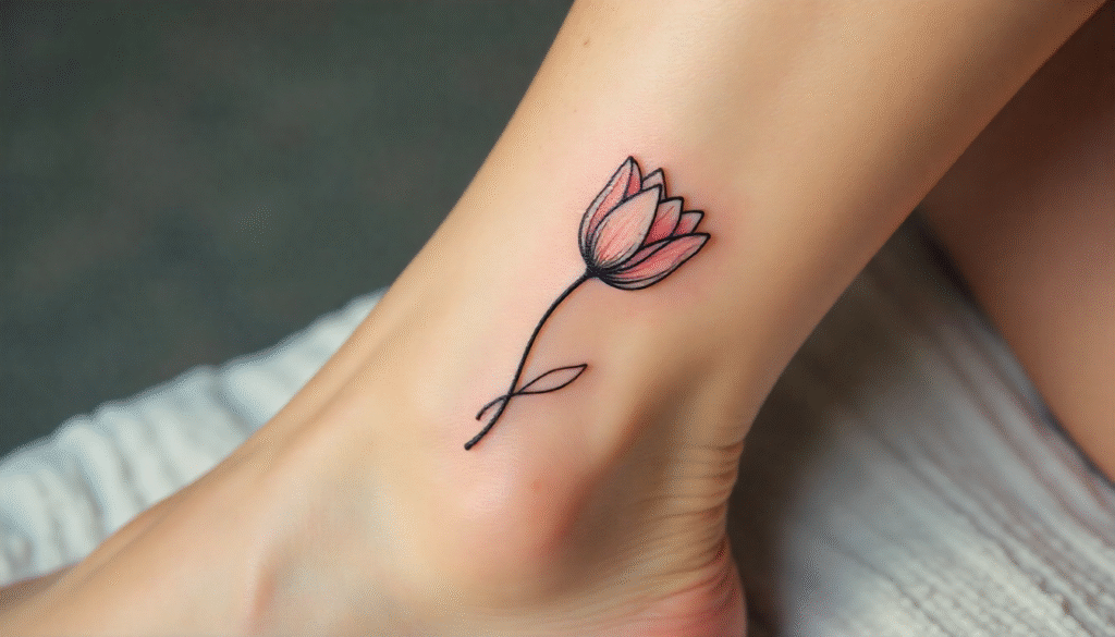 A close-up of a woman’s ankle with a fine-line black-ink tulip tattoo, representing love and grace in a minimalist style.