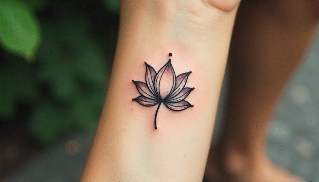 A close-up of a woman’s wrist with a small black-ink lotus flower tattoo, symbolizing purity, resilience, and spiritual awakening.
