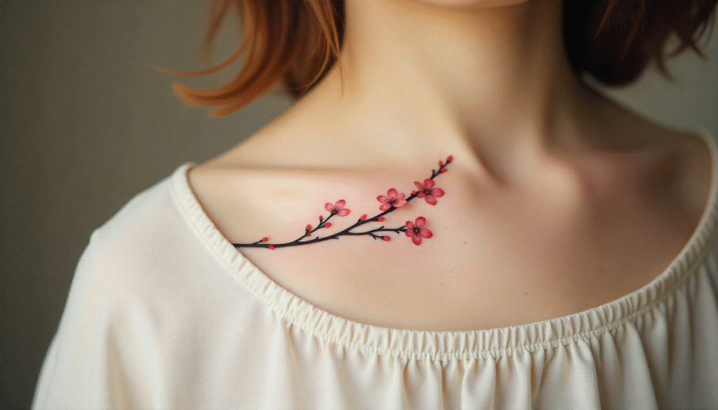 A close-up of a woman’s collarbone with a delicate black-ink cherry blossom branch tattoo, representing beauty and new beginnings.