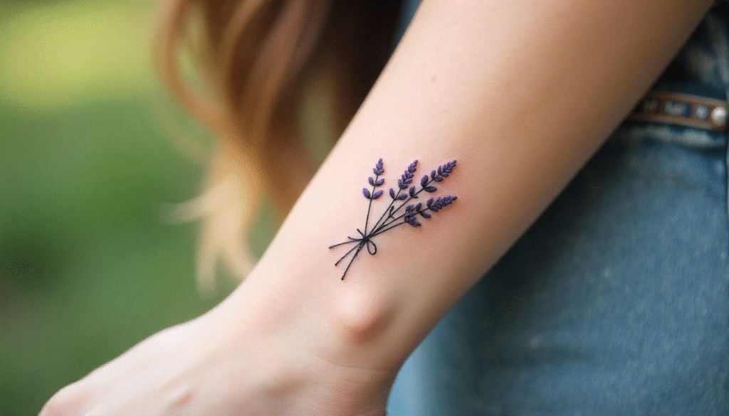 A close-up of a woman’s ankle with a tiny black-ink wildflower bouquet tattoo, symbolizing natural beauty and simplicity.