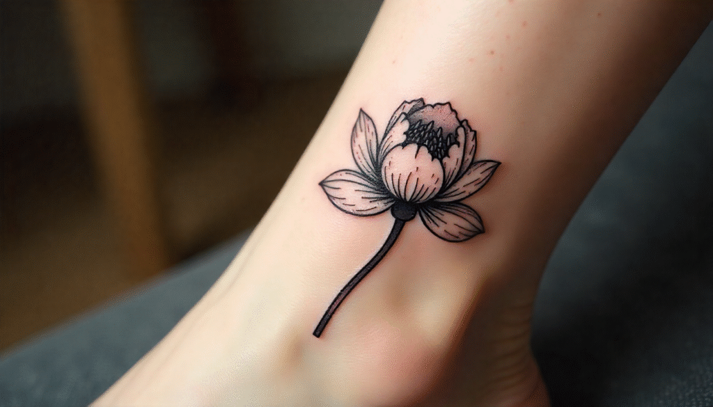 A close-up of a woman’s ankle with a minimalist black-ink peony tattoo, symbolizing romance, prosperity, and elegance.