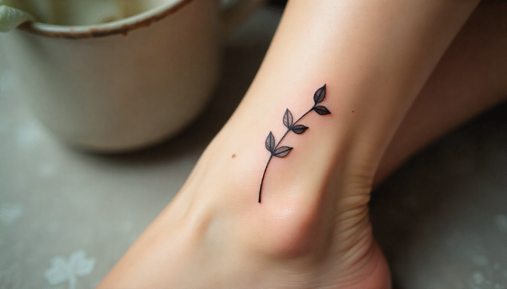 A close-up of a woman’s ankle with a minimal black-ink tattoo of a single stem with leaves, symbolizing simplicity and graceful growth.