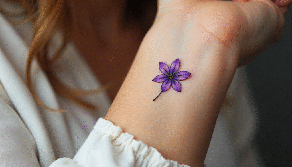A close-up of a woman’s wrist with a tiny black-ink violet flower tattoo, representing modesty and loyalty.