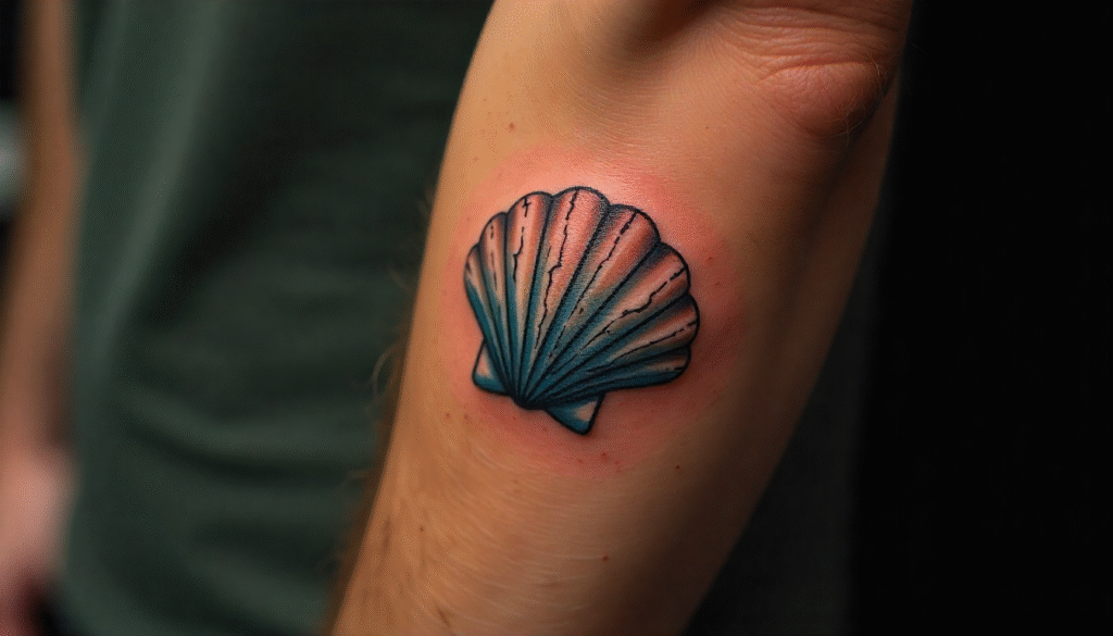 "Small Masculine Tattoos – realistic shell tattoo on forearm with rugged shading and ocean-inspired design"