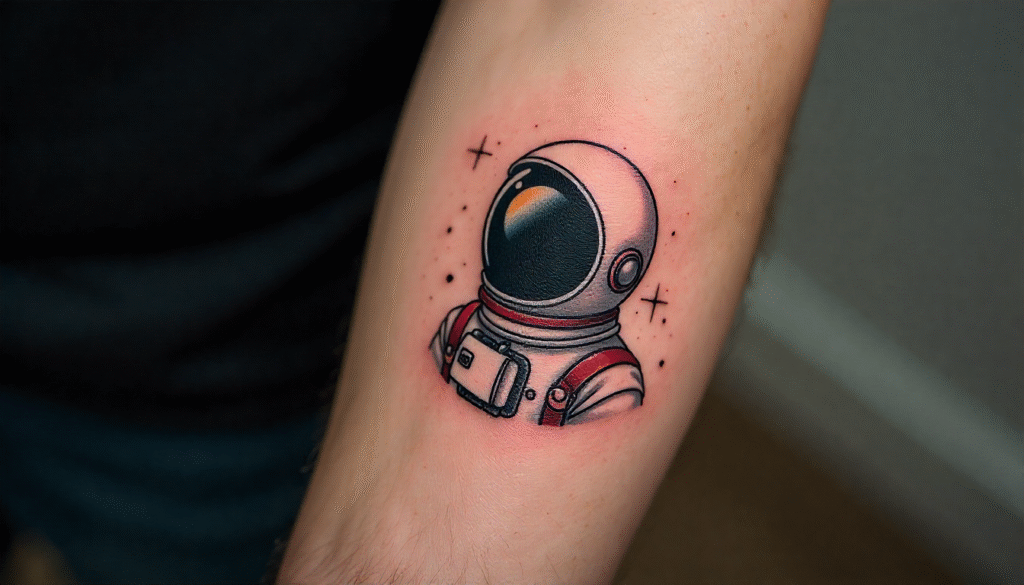 "Small Masculine Tattoos – detailed spaceman tattoo on forearm symbolizing courage, exploration, and freedom