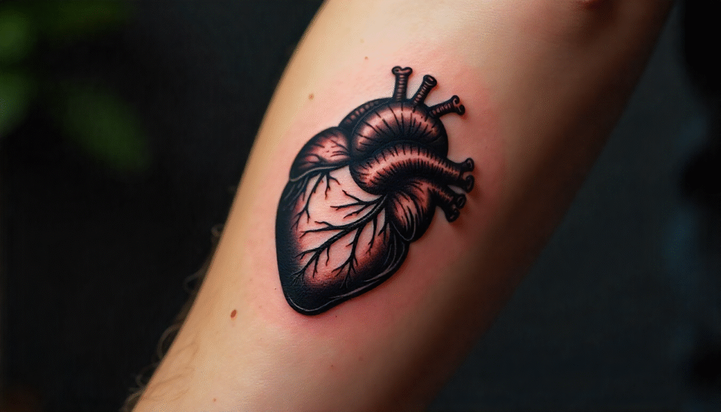 "Small Masculine Tattoos – realistic anatomical heart tattoo on forearm symbolizing strength, endurance, and passion"