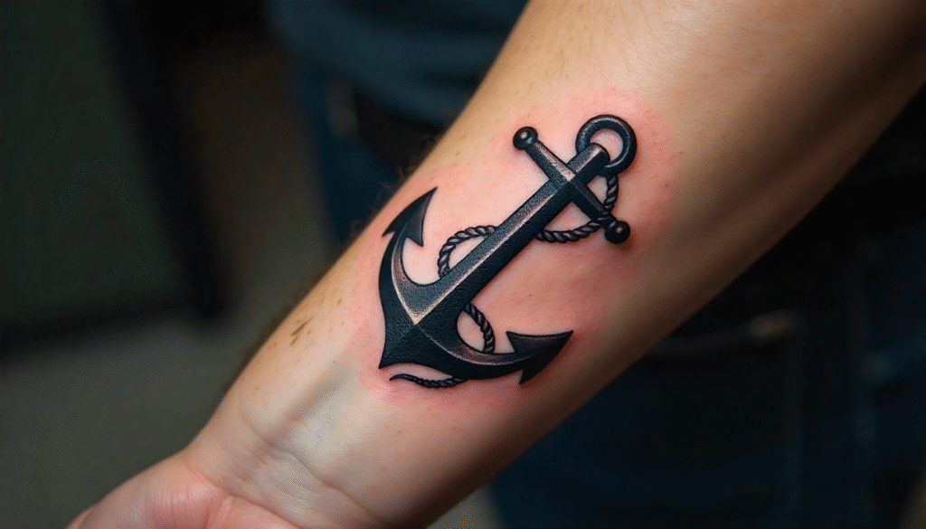 "Small Masculine Tattoos – bold anchor tattoo on forearm symbolizing strength, stability, and resilience"