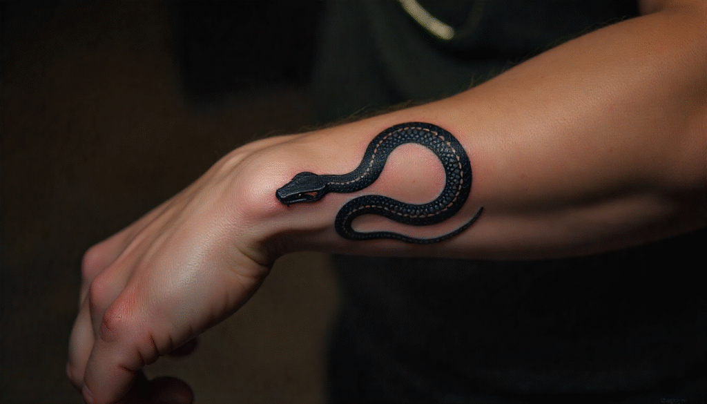 "Small Masculine Tattoos – bold snake tattoo on forearm representing transformation, survival, and masculine energy"