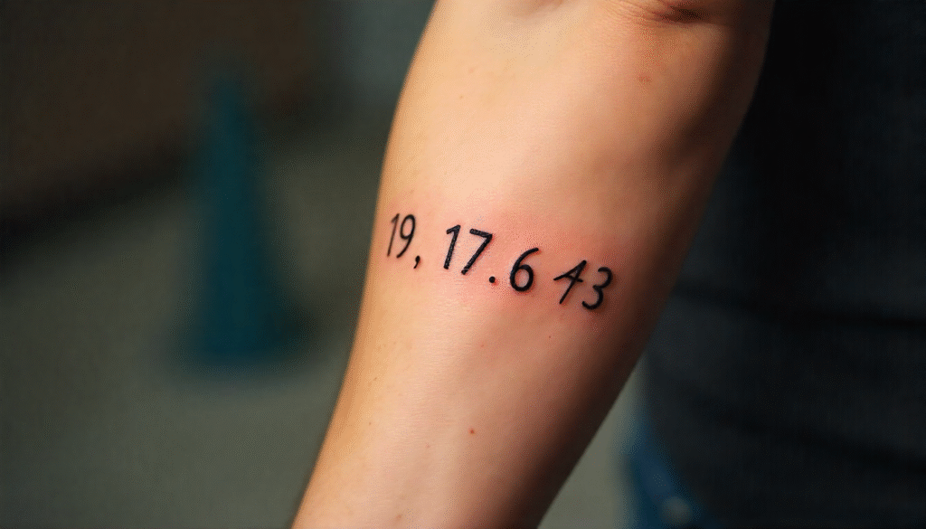 "Small Masculine Tattoos – minimalist coordinates tattoo on forearm symbolizing memory, resilience, and personal meaning"