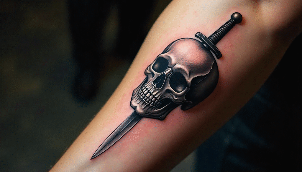 "Small Masculine Tattoos – skull and sword tattoo on forearm symbolizing bravery, mortality, and warrior strength"