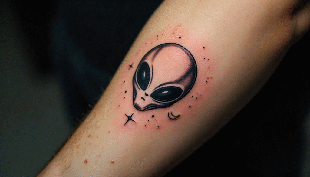 "Small Masculine Tattoos – bold alien head tattoo on forearm symbolizing mystery, individuality, and strength"